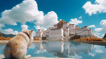 un muy linda gigante perro mira arriba a el hermosa cielo generativo ai foto