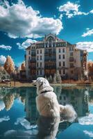 A very cute giant Dog looks up at the sky photo