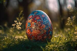 Cinematic close-up shot of a beautifully decorated Egg on grass photo