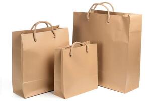 Paper bag mockups of shopping, gifts and food packages realistic vector design. White, brown and black bags or boxes, made of craft paper or cardboard with cord handle. . photo