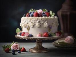 un hermosa blanco pastel con fresa y arándano generativo ai foto