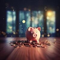 Saving money by putting a coin into piggy bank on nature background. . photo