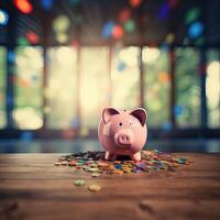 Saving money by putting a coin into piggy bank on nature background. . photo