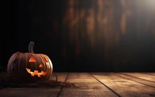 spooky halloween pumpkin, Jack O Lantern, with an evil face and eyes on a wooden bench, table with a misty night background with space for product placement. . photo