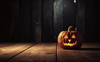 escalofriante Víspera de Todos los Santos calabaza, Jack o linterna, con un mal cara y ojos en un de madera banco, mesa con un brumoso noche antecedentes con espacio para producto colocación. generativo ai. foto