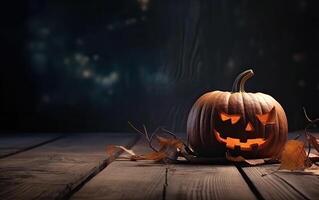 escalofriante Víspera de Todos los Santos calabaza, Jack o linterna, con un mal cara y ojos en un de madera banco, mesa con un brumoso noche antecedentes con espacio para producto colocación. generativo ai. foto