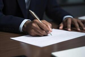 Close-up Of Businessperson Signing Contract, writing paper at the desk with pen and reading books at table with basic business Form document working in office. . photo