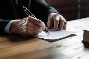 de cerca de persona de negocios firma contrato, escritura papel a el escritorio con bolígrafo y leyendo libros a mesa con básico negocio formar documento trabajando en oficina. generativo ai. foto