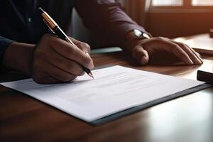 Close-up Of Businessperson Signing Contract, writing paper at the desk with pen and reading books at table with basic business Form document working in office. . photo