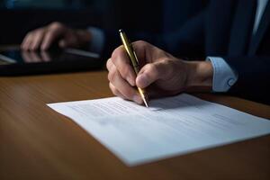 de cerca de persona de negocios firma contrato, escritura papel a el escritorio con bolígrafo y leyendo libros a mesa con básico negocio formar documento trabajando en oficina. generativo ai. foto