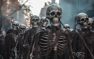 Halloween parade Scary skeletons marching team. . photo