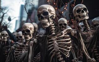 Halloween parade Scary skeletons marching team. . photo