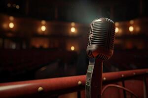 Microphone On The Theater Stage Before The Concert With Empty Seats And Blurred Lights. . photo