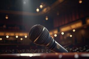 Microphone On The Theater Stage Before The Concert With Empty Seats And Blurred Lights. . photo