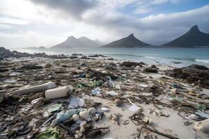 derramado basura en el playa de el grande ciudad. vacío usado sucio el plastico botellas sucio mar arenoso apuntalar el negro mar. ambiental contaminación. ecológico problema. generativo ai. foto