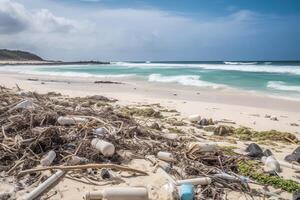 Spilled garbage on the beach of the big city. Empty used dirty plastic bottles. Dirty sea sandy shore the Black Sea. Environmental pollution. Ecological problem. . photo