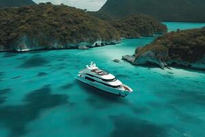 View from above, stunning aerial view of the Cala di volpe bay with a green coastline, white sand beaches and luxury yachts sailing on a turquoise water. photo