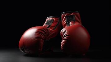 par de rojo cuero boxeo guantes en negro antecedentes. par de rojo cuero boxeo guantes deporte y competencia concepto. generativo ai. foto