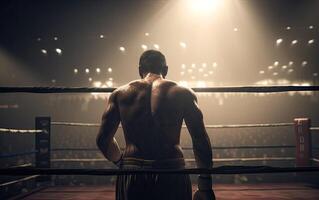 Boxing champion standing on arena. Rear view of shirtless man in boxing gloves. Muscular build concept. . photo