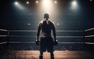 Boxing champion standing on arena. Rear view of shirtless man in boxing gloves. Muscular build concept. . photo