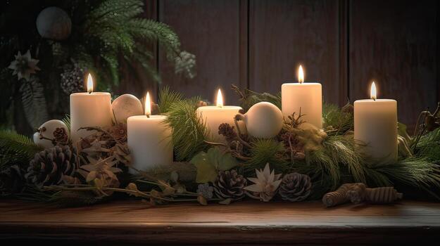 decorated Advent wreath from evergreen branches with white burning candles, tradition in the time before Christmas, copy space, selected focus. . photo