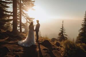 Wedding silhouette couple posing on sunset in beautiful forest at wedding day. Bride and groom in love. Non-existent person. . photo