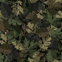 Camouflage green pattern with leaves. Pixel retro effect. Dense composition with overlapping elements. Army or hunting masking ornament for clothing, fabric, textile, sport goods design. vector