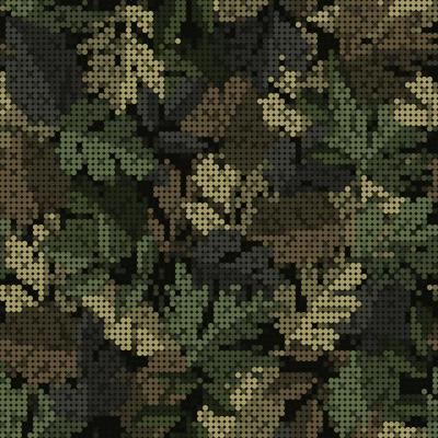 Camouflage green pattern with leaves. Pixel retro effect. Dense composition with overlapping elements. Army or hunting masking ornament for clothing, fabric, textile, sport goods design.