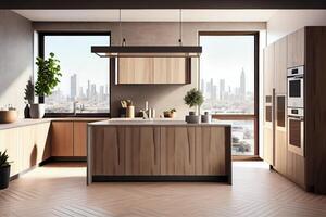 Modern wood and concrete kitchen interior with empty mock up place on wall, island, appliances and window with city view and daylight. photo