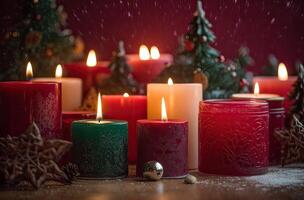 Burning candle and Christmas decoration over snow and wooden background. . photo