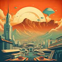 Illustration of Exoplanet fantastic landscape. Beautiful views of the mountains and sky with unexplored planets. . photo