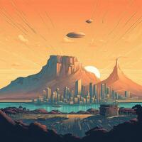 Illustration of Exoplanet fantastic landscape. Beautiful views of the mountains and sky with unexplored planets. . photo