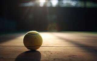 cerca arriba de tenis pelota en arcilla pista de tenis pelota. generativo ai. foto