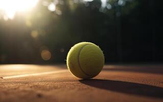 cerca arriba de tenis pelota en arcilla pista de tenis pelota. generativo ai. foto