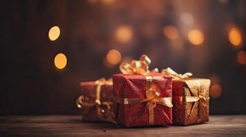 Christmas presents wrapped in colorful paper with ribbon on wooden table background and bokeh. Place for typography and logo. Copy space. . photo