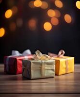 Christmas presents wrapped in colorful paper with ribbon on wooden table background and bokeh. Place for typography and logo. Copy space. . photo