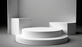 3D white podium platform for products presentation. Blank space for commercial studio photo. . photo