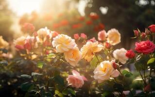 hermosa y vistoso soñador Rosa jardín con calentar Encendiendo. generativo ai. foto