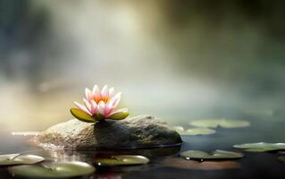 Pink lotus flower on water with sun rays. . photo