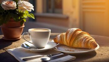 Cup of coffee with delicious croissant at morning. . photo