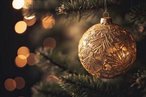 Close up view of beautiful fir branches with shiny gold bauble or ball, xmas ornaments and lights, christmas holidays background. . photo