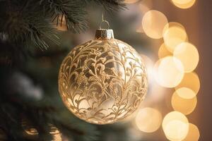 Close up view of beautiful fir branches with shiny gold bauble or ball, xmas ornaments and lights, christmas holidays background. . photo