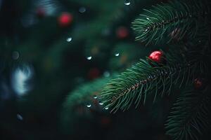 cerca arriba ver de hermosa abeto ramas con brillante vistoso chuchería o pelota, Navidad adornos y luces, Navidad Días festivos antecedentes. generativo ai. foto