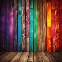 wooden colorful rainbow background made of wooden planks with copy space for text. . photo