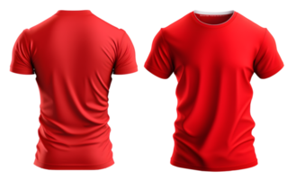 enkel röd t-shirt attrapp mall, med utsikt, framsida, tillbaka, redigerad ai genererad illustration med transparent bakgrund png Miniatyr