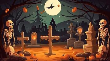 Pumpkins In Graveyard In The Spooky Night - Halloween Backdrop. . photo