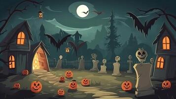 Pumpkins In Graveyard In The Spooky Night - Halloween Backdrop. . photo