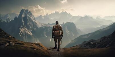 deportivo hombre en el montaña pico mirando en montaña Valle con rayos de sol a vistoso puesta de sol en otoño. paisaje viajero, brumoso sierras, bosque en caer, increíble cielo y luz de sol en caer. generativo ai foto