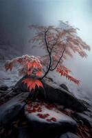 small tree sitting on top of a rock covered in snow. . photo