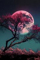 tree with a pink moon in the background. . photo